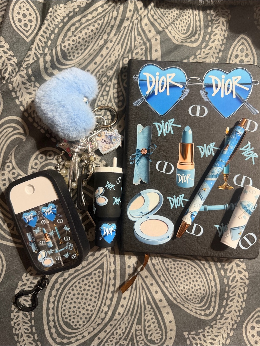 Blue Themed Journal Accessories Set w/Keychain, spray bottle, pen & lip balm